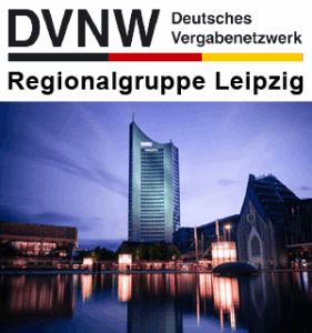Skyline von Leipzig mit einem bekannten Hochhaus Leipzigs im Zentrum. Darüber das DVNW-Logo sowie der Untertitel "Regionalgruppe Leipzig".