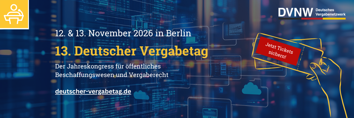 Deutscher Vergabetag 2026 Banner zum 13. Deutschen Vergabetag am 12. und 13. November 2026 in Berlin. Der Banner verweist auf den Jahreskongress für öffentliches Beschaffungswesen und Vergaberecht und auf deutscher-vergabetag.de.